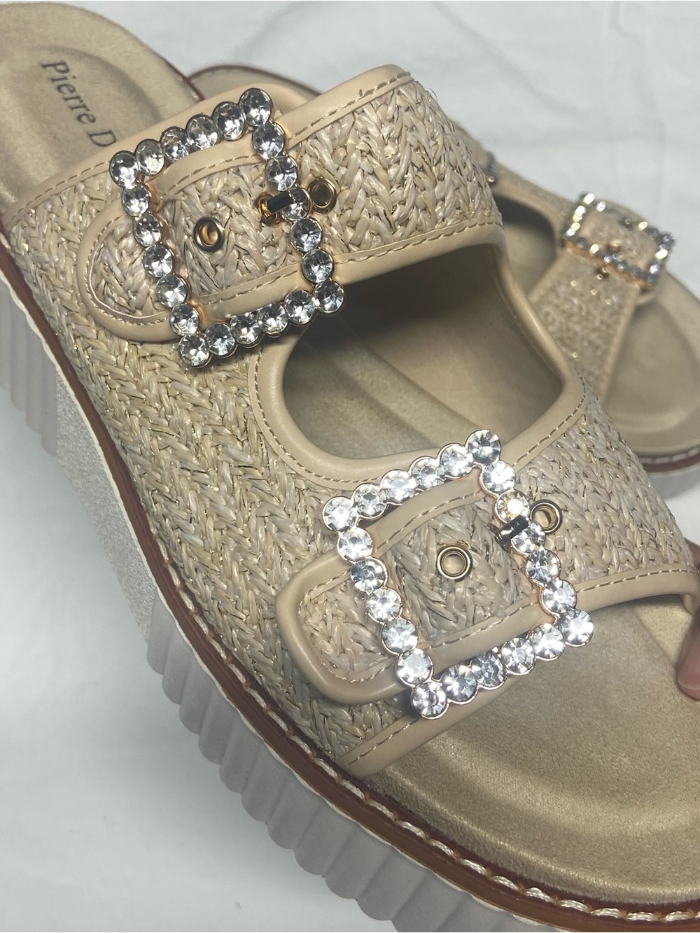Pierre Dumas Sweet Slider Cream Platform Sandal with rhinestone buckles